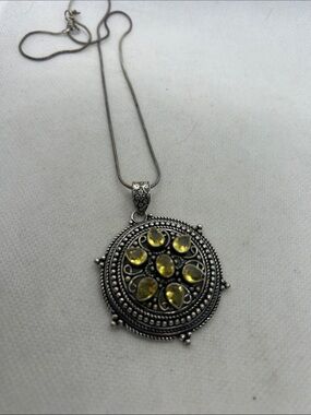 Vintage silver tone circle Pendant with citrine gems